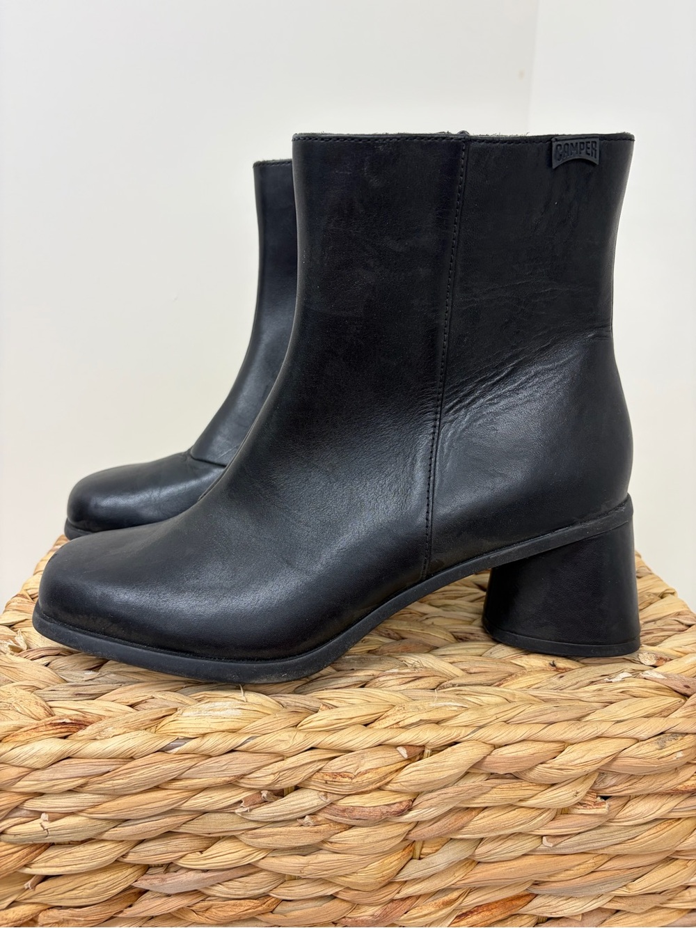 Camper Black Leather Mid-Calf Block Heel Boots